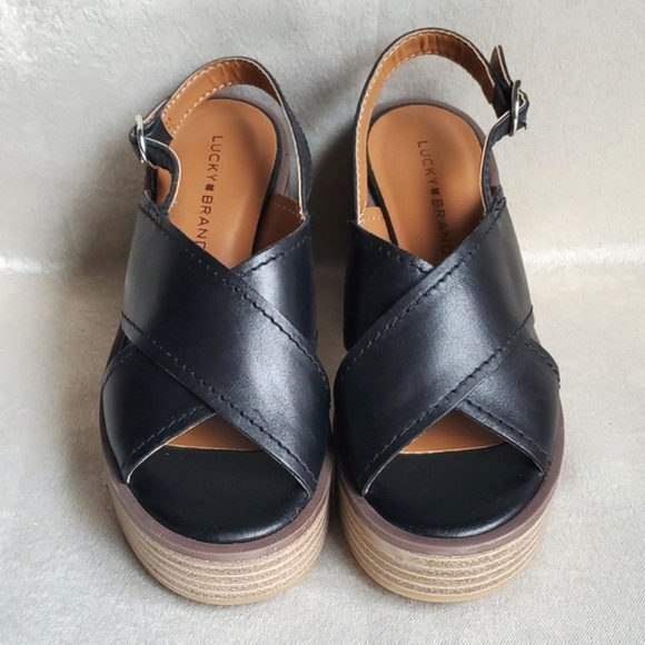 🆕️ LUCKY BRAND Delmie Slingback Platform Stacked Heel Leather Sandals SIZE: 5 - Picture 2 of 9